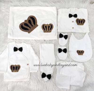 Luxury 10-Piece Baby boy Hospital Exit Outfit (Black bow, Pearl + Golden Crown)