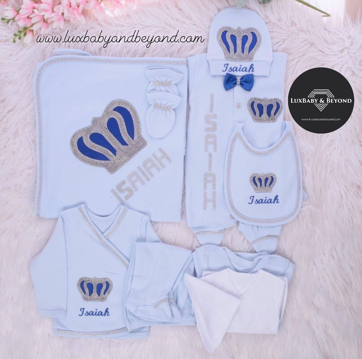 Luxury 10-Piece Baby boy Hospital Exit Outfit (Royal Blue bow + Silver Crown)