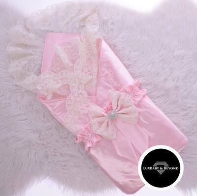 Jewelled Crown Swaddle - Baby pink satin fabric and white lace