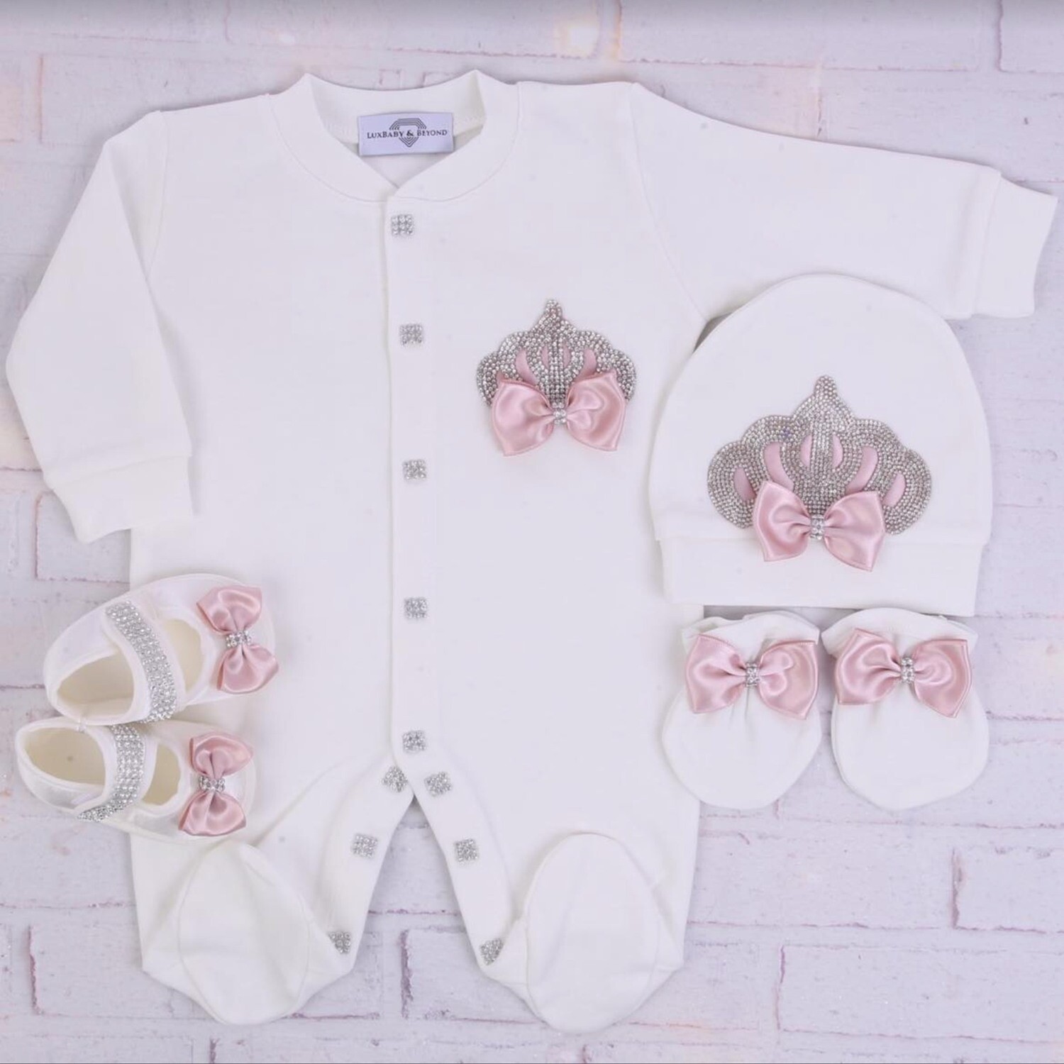 Luxury 4-Piece Baby girl Hospital Exit Outfit  Silver Crown  ( blush silk  bow and silver crown)