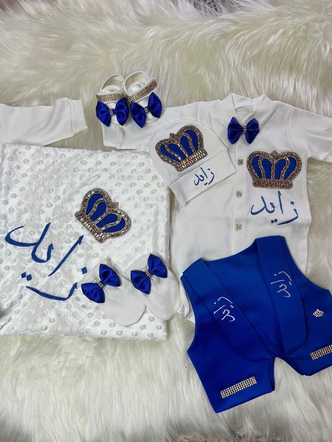 Luxury 6-Piece Velvet Baby boy Hospital Exit Outfit ( Royal blue bow, + golden Crown)