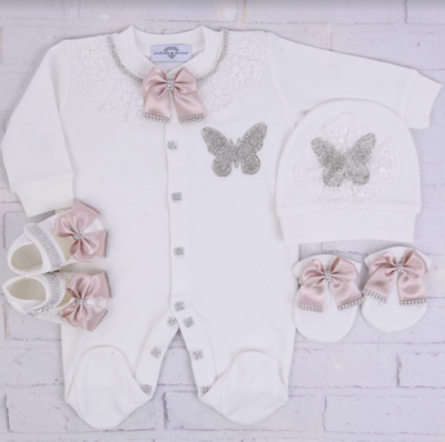Luxury 4-Piece Baby girl Hospital Exit Outfit    ( blush bow, white lace and Silver Butterfly)