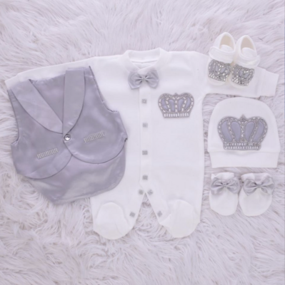 Luxury handmade 5-piece baby boy hospital exit cotton and satin outfit set ( Grey + Silver crown )