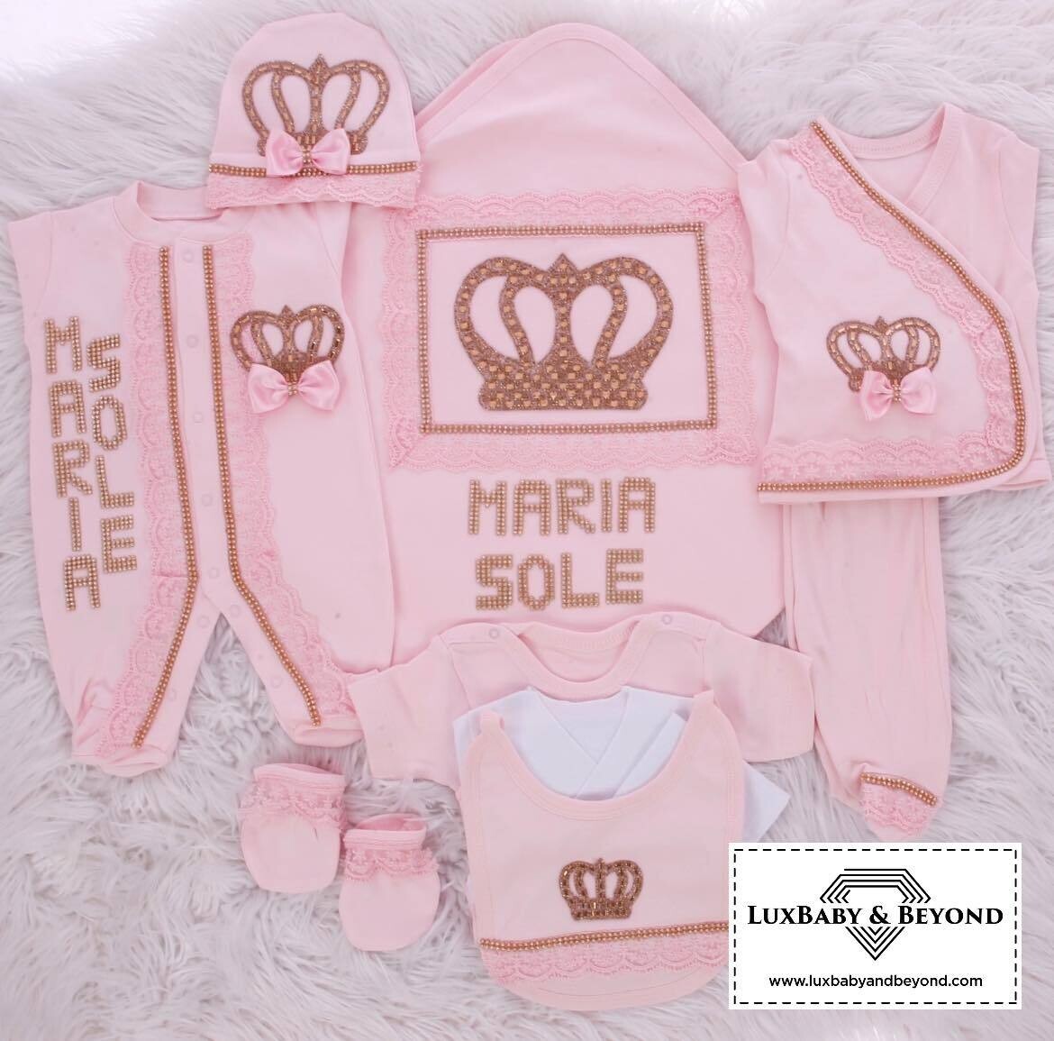 Luxury 10-Piece Baby Girl Hospital Exit Outfit (Pink + golden Crown)