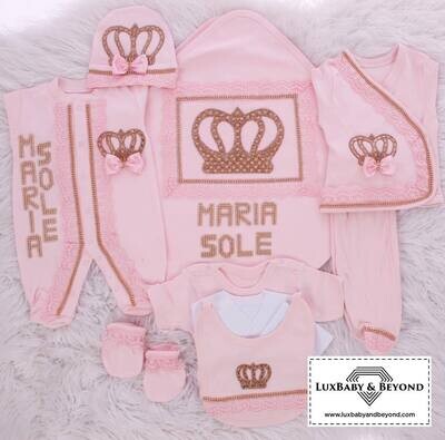 Luxury 10-Piece Baby Girl Hospital Exit Outfit (Pink + golden Crown)