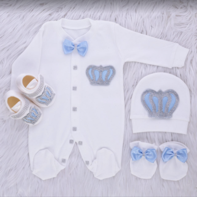 Luxury 6-Piece Baby boy Hospital Exit Outfit ( light blue/ Silver Crown)