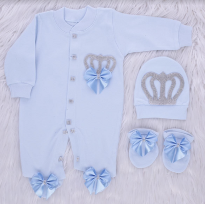 Exclusive Royal 3Piece Baby boy Hospital Exit Bling Outfit  (light blue satin bow / Silver Crown)