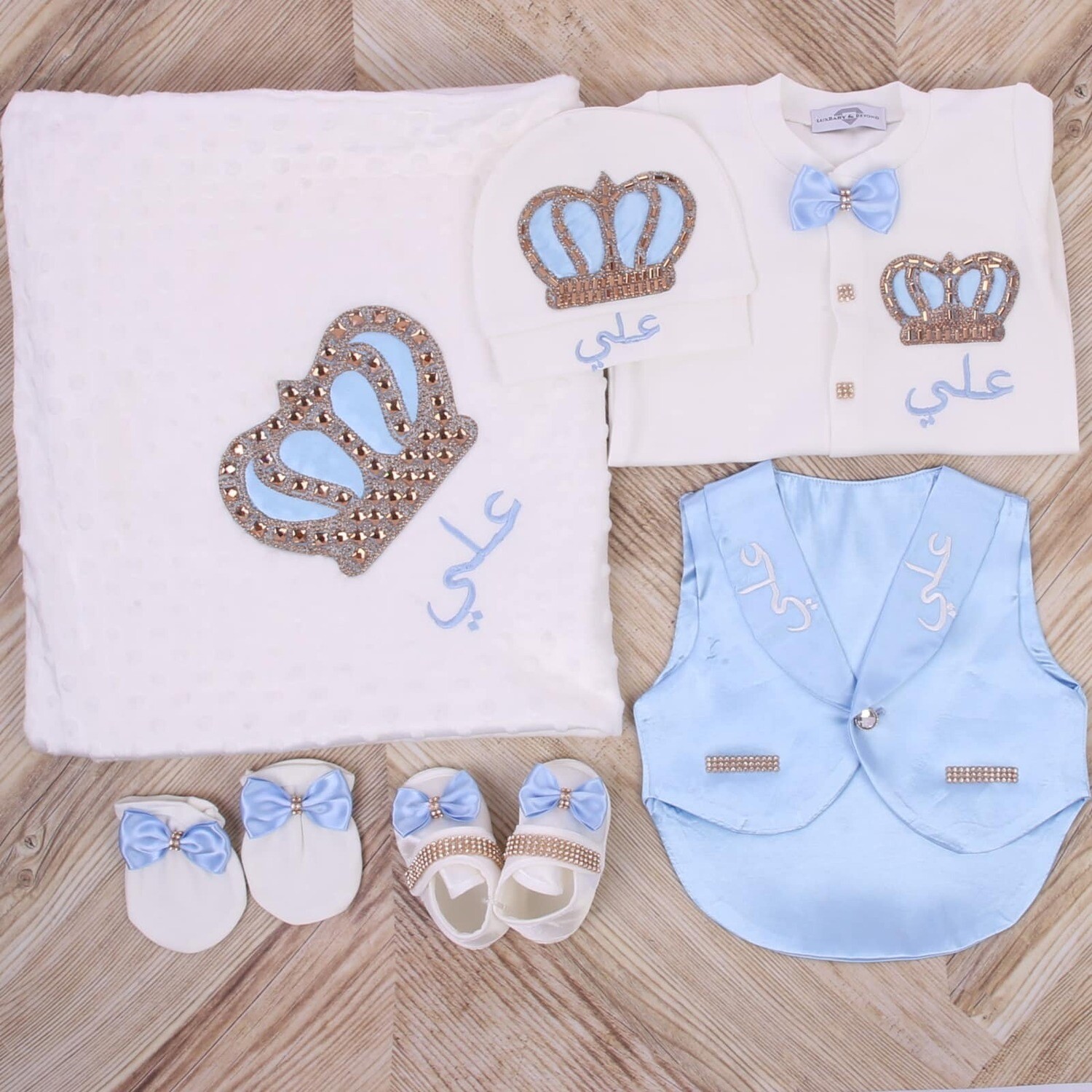 Luxury 7-Piece Baby boy Hospital Exit Outfit ( light blue bow + Golden Crown)