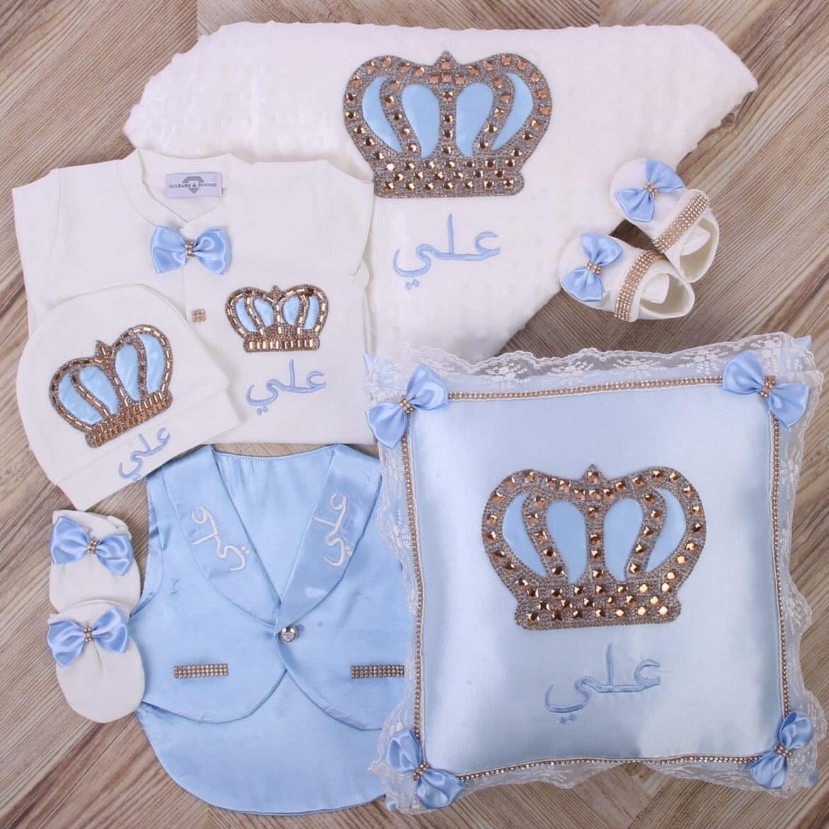 Luxury 7-Piece Baby boy Hospital Exit Outfit ( light blue bow + Golden Crown)