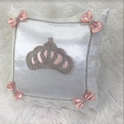 Luxury White Satin Pillow Case (Peach + Silver Crown)