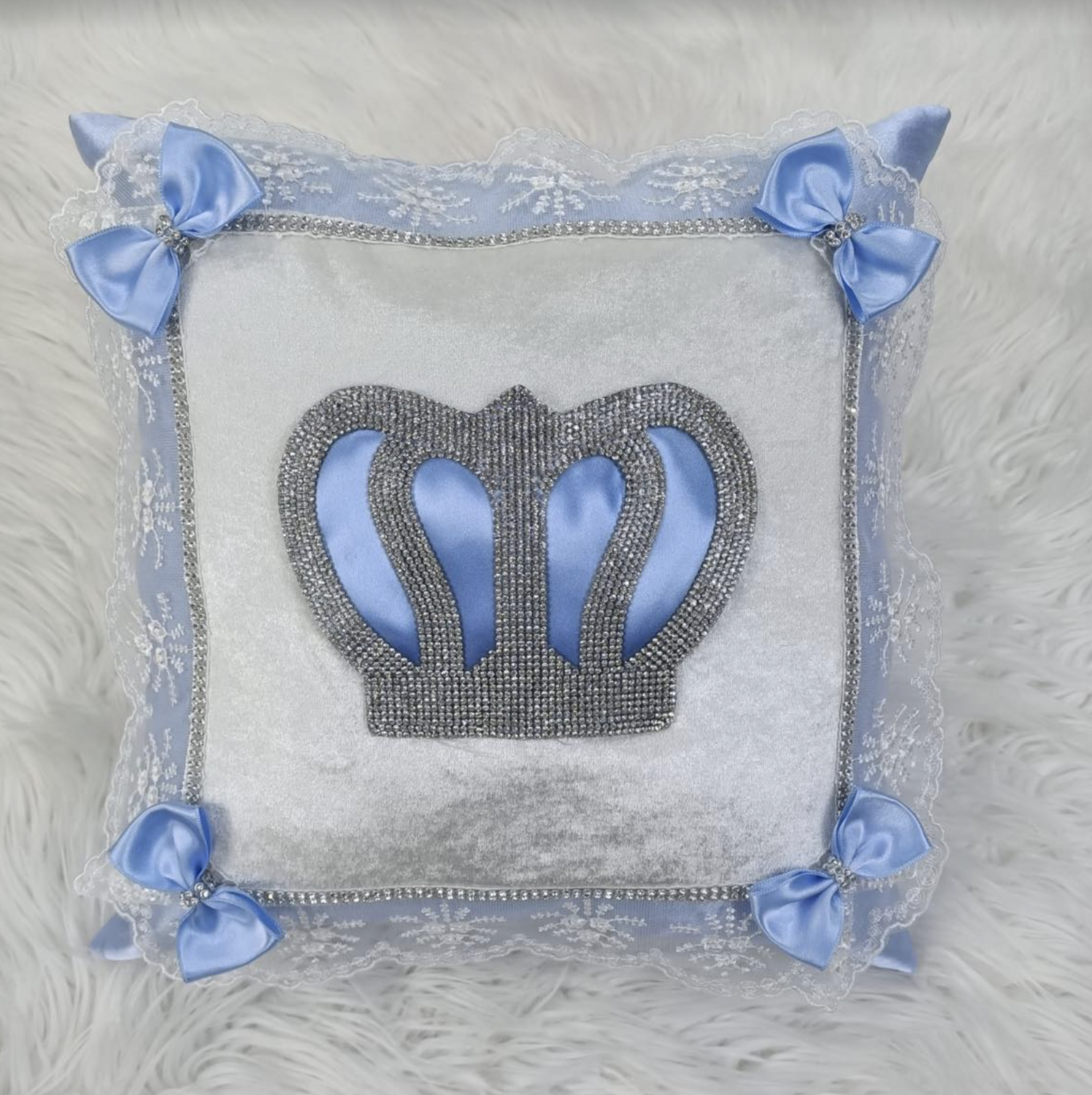 Luxury White Velvet Pillow Case  (Light Blue bow + Silver Crown)