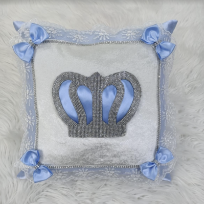 Luxury White Velvet Pillow Case  (Light Blue bow + Silver Crown)