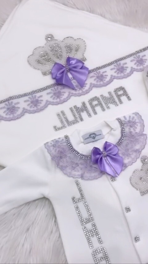 Luxury 5-Piece Baby Girl Hospital Exit Outfit (Lilac Lace &amp; bow, Pearl + Silver Crown)