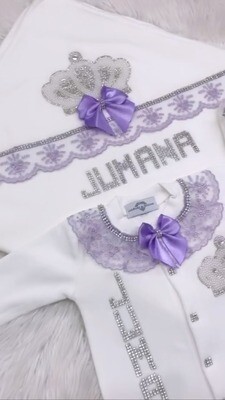 Luxury 5-Piece Baby Girl Hospital Exit Outfit (Lilac Lace &amp; bow, Pearl + Silver Crown)