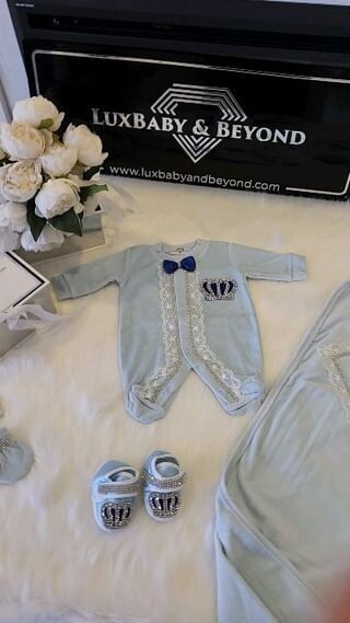 Luxury 5-Piece Baby Boy Hospital Exit VELVET Outfit (Royal blue bow + Silver Crown)