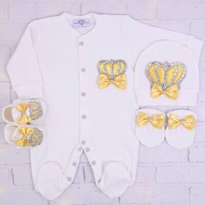 Luxury 4-Piece Newboern Hospital Exit Outfit  ( yellow bow and silver crown)