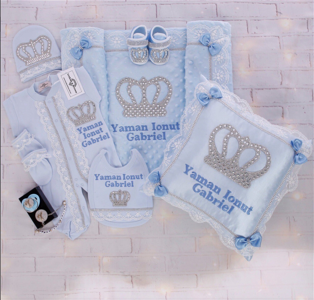Luxury 9-Piece Baby  boy Hospital Exit Outfit ( light blue + Silver Crown)
