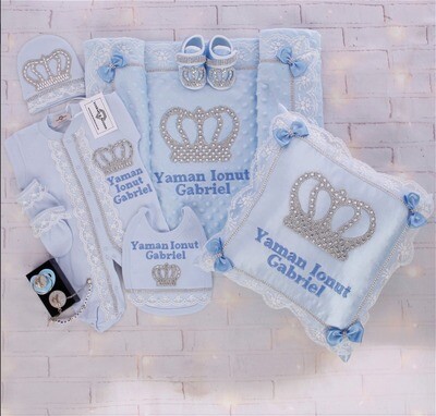 Luxury 9-Piece Baby  boy Hospital Exit Outfit ( light blue + Silver Crown)