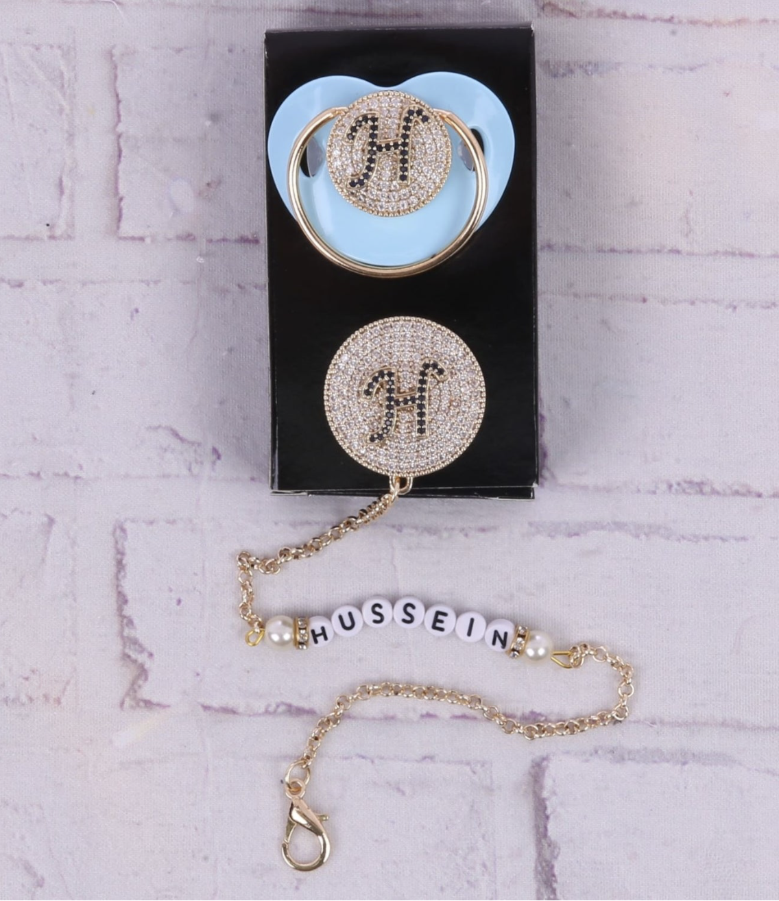 Handmade Personalised Rhinestone Baby Pacifier and Clip ( light Blue)
