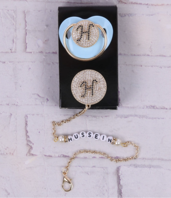 Handmade Personalised Rhinestone Baby Pacifier and Clip ( light Blue)