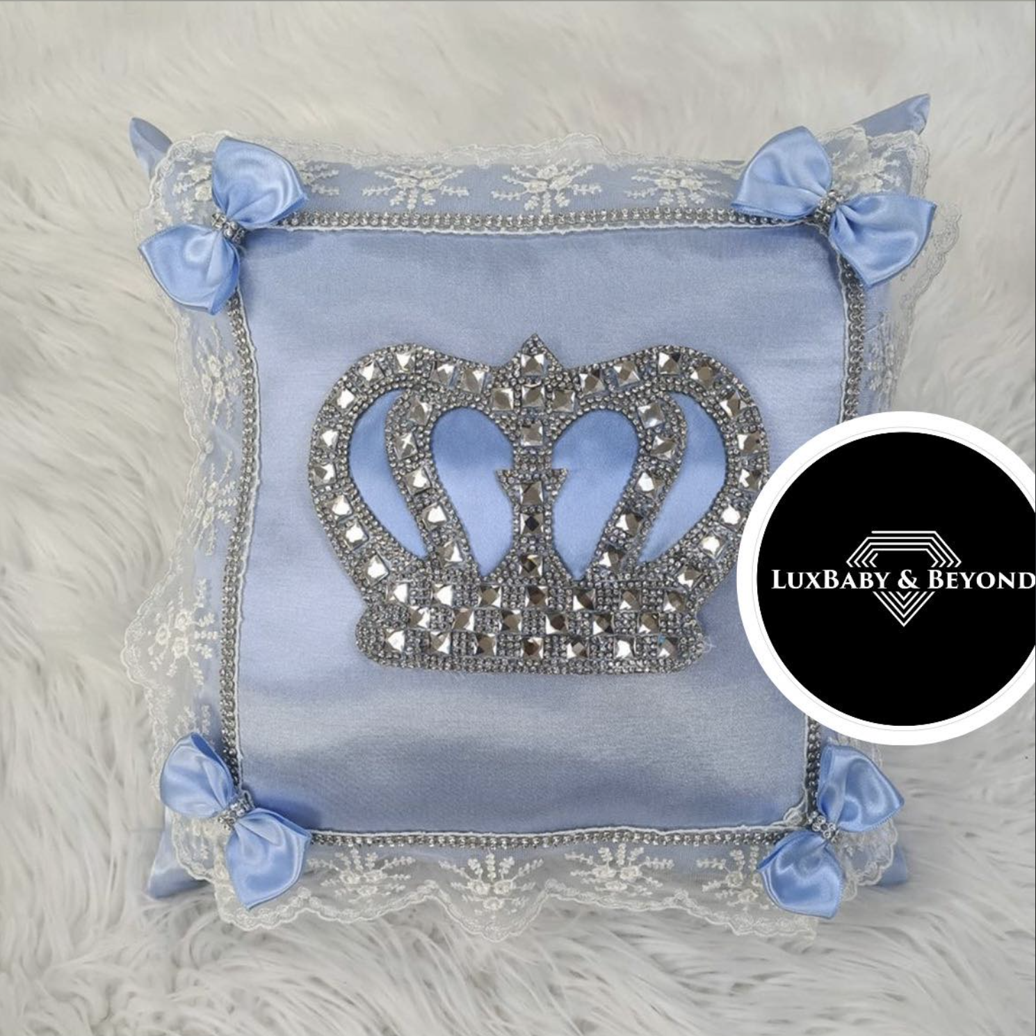Luxury light blue Satin Pillow case  (light Blue bow + Silver Crown)