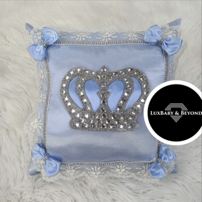 Luxury light blue Satin Pillow case  (light Blue bow + Silver Crown)