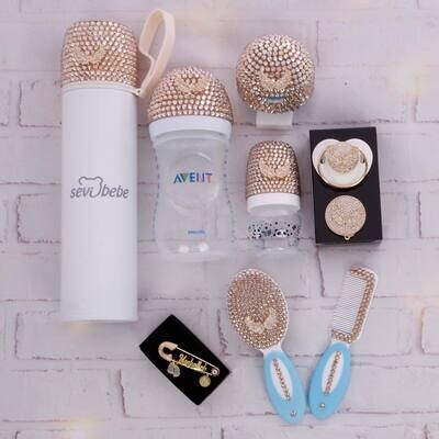 Pacifier &amp; Clip + Pacifier Box + Thermo Bottle + Bottle Set + Silver brooch/ baby pin + Brush Set ( Golden Bling)