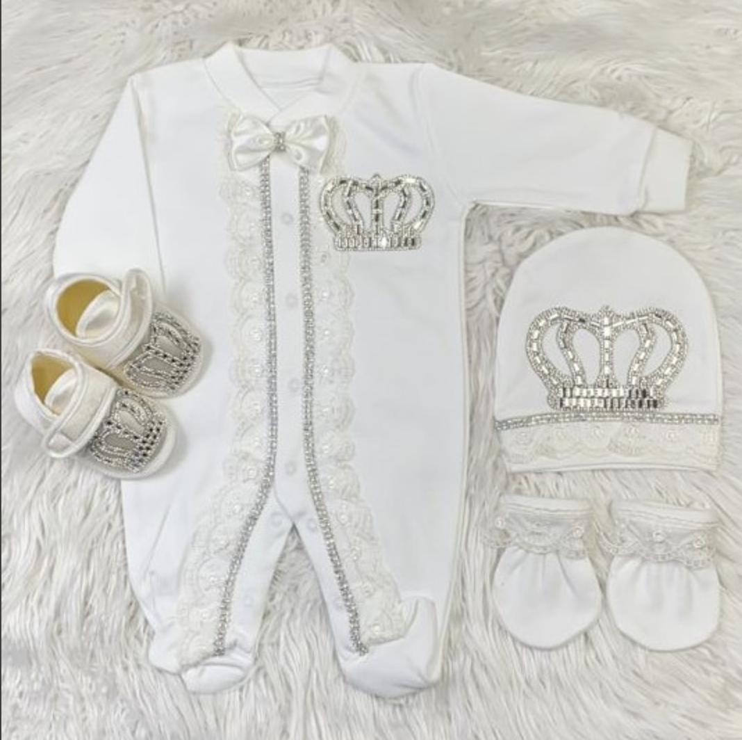 Luxury 4-Piece Baby  Christening/Baptism Outfit (White/Silver Crown)