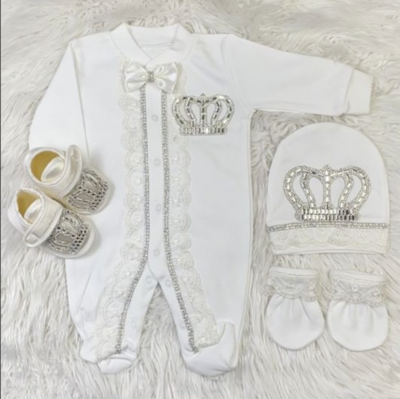 Luxury 4-Piece Baby  Christening/Baptism Outfit (White/Silver Crown)