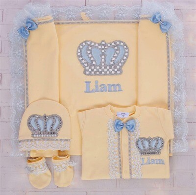 Luxury 5-Piece Blue Baby Boy Hospital Exit Outfit (Yellow, light blue bow + Silver Crown)