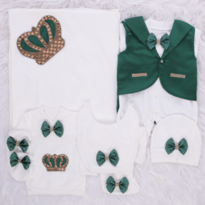 Luxury 8-Piece Baby boy Hospital Exit Outfit (Emerald green bow + Silver Crown)