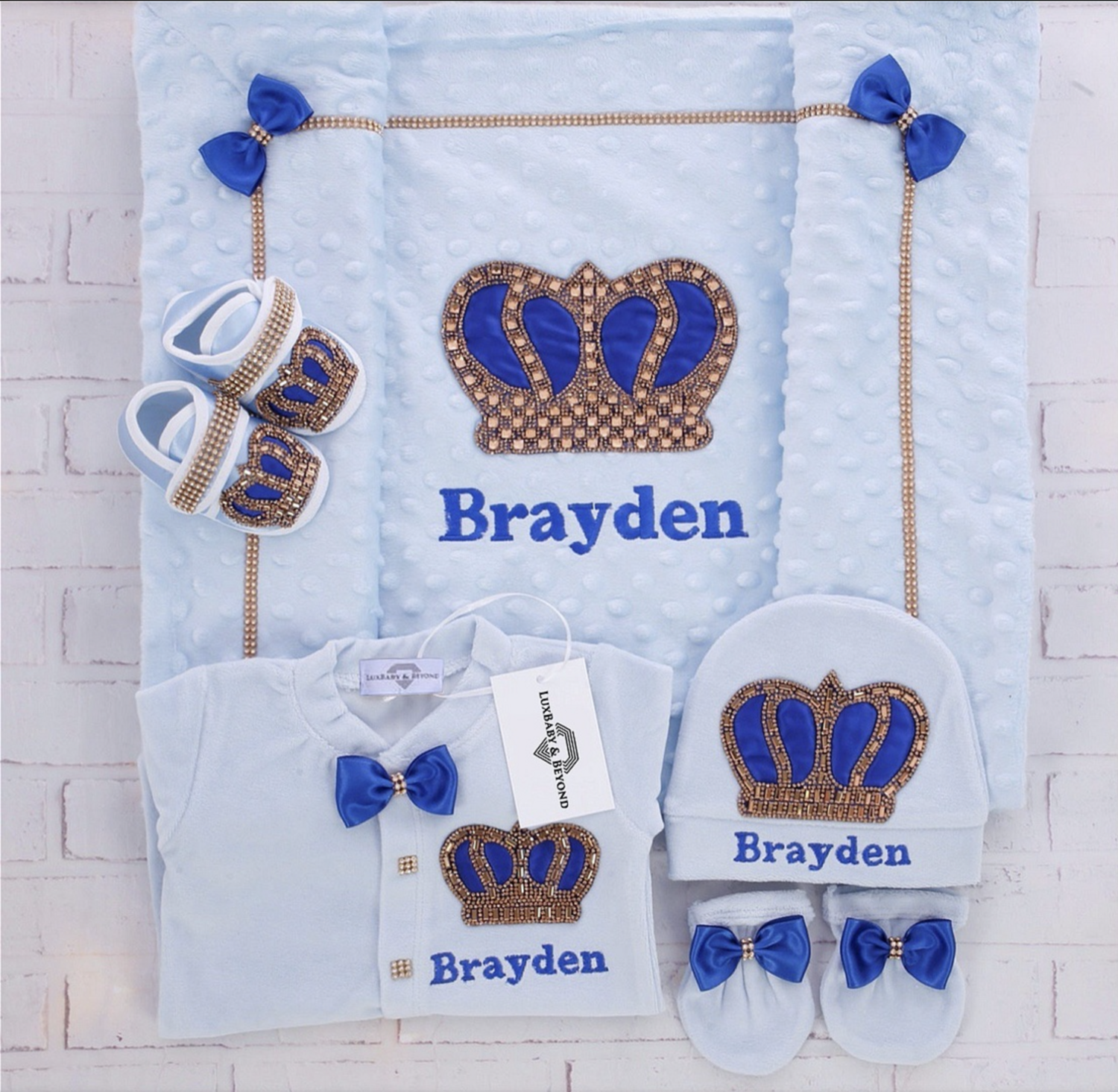 Luxury 5-Piece Blue Baby Boy Hospital Exit Outfit (Royal blue bow + Golden Crown)