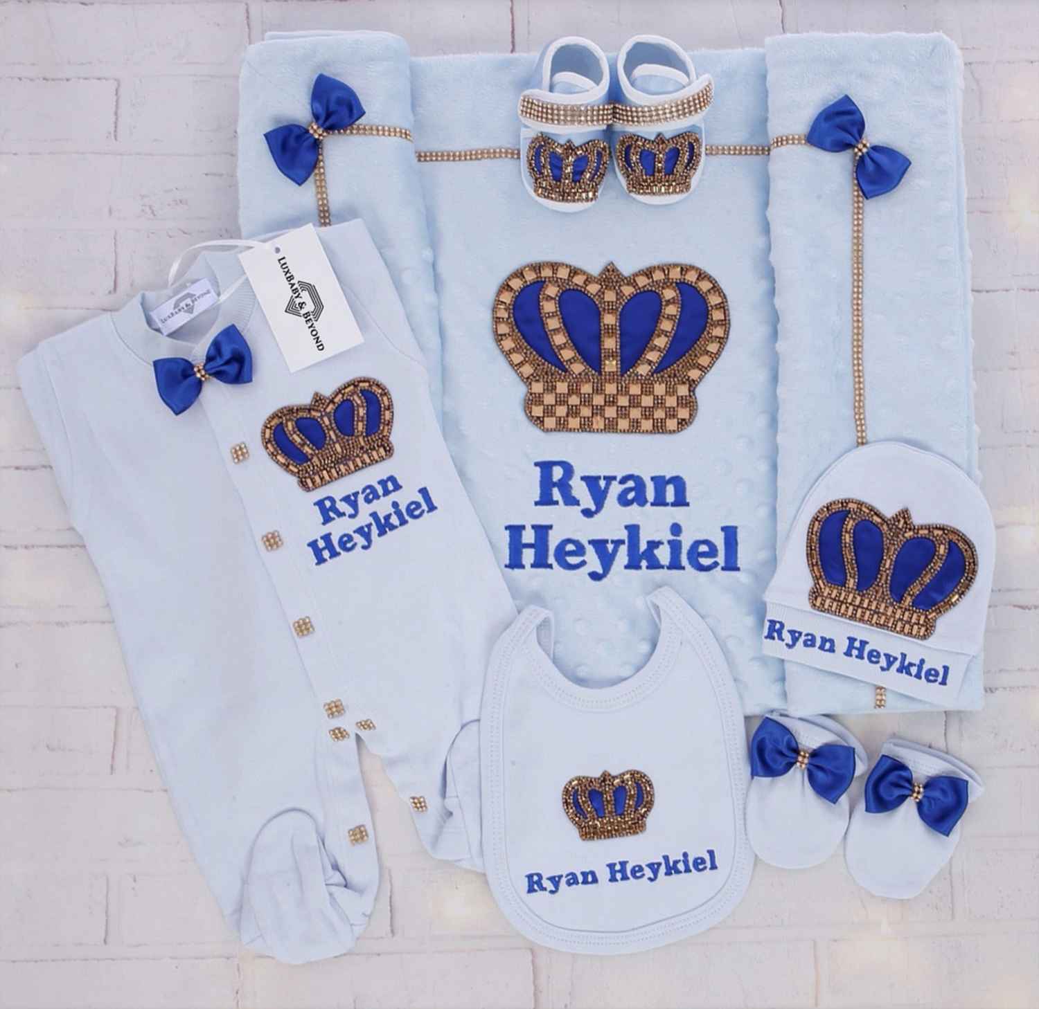 Luxury 6-Piece Blue Baby Boy Hospital Exit Outfit (Royal blue bow + Golden Crown)