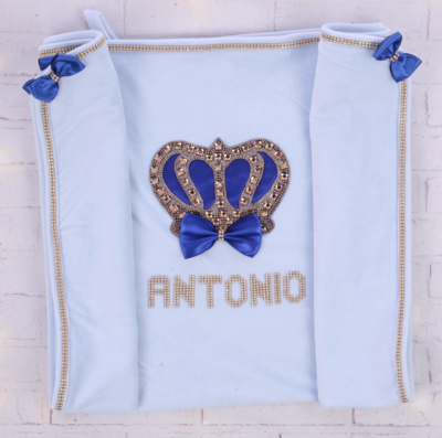 Velvet Blanket ( Light Blue blanket , Gold &amp; Royal blue crown)