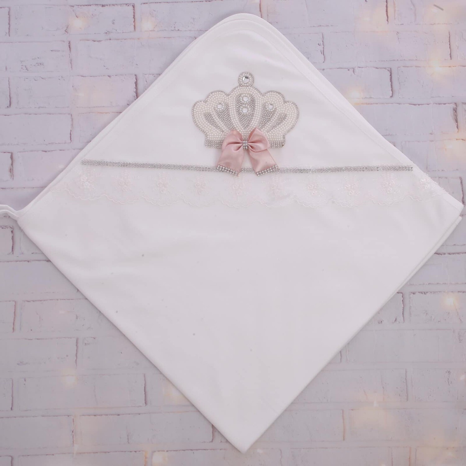 White  Blanket ( Pearl , silver Crown with blush bow  )