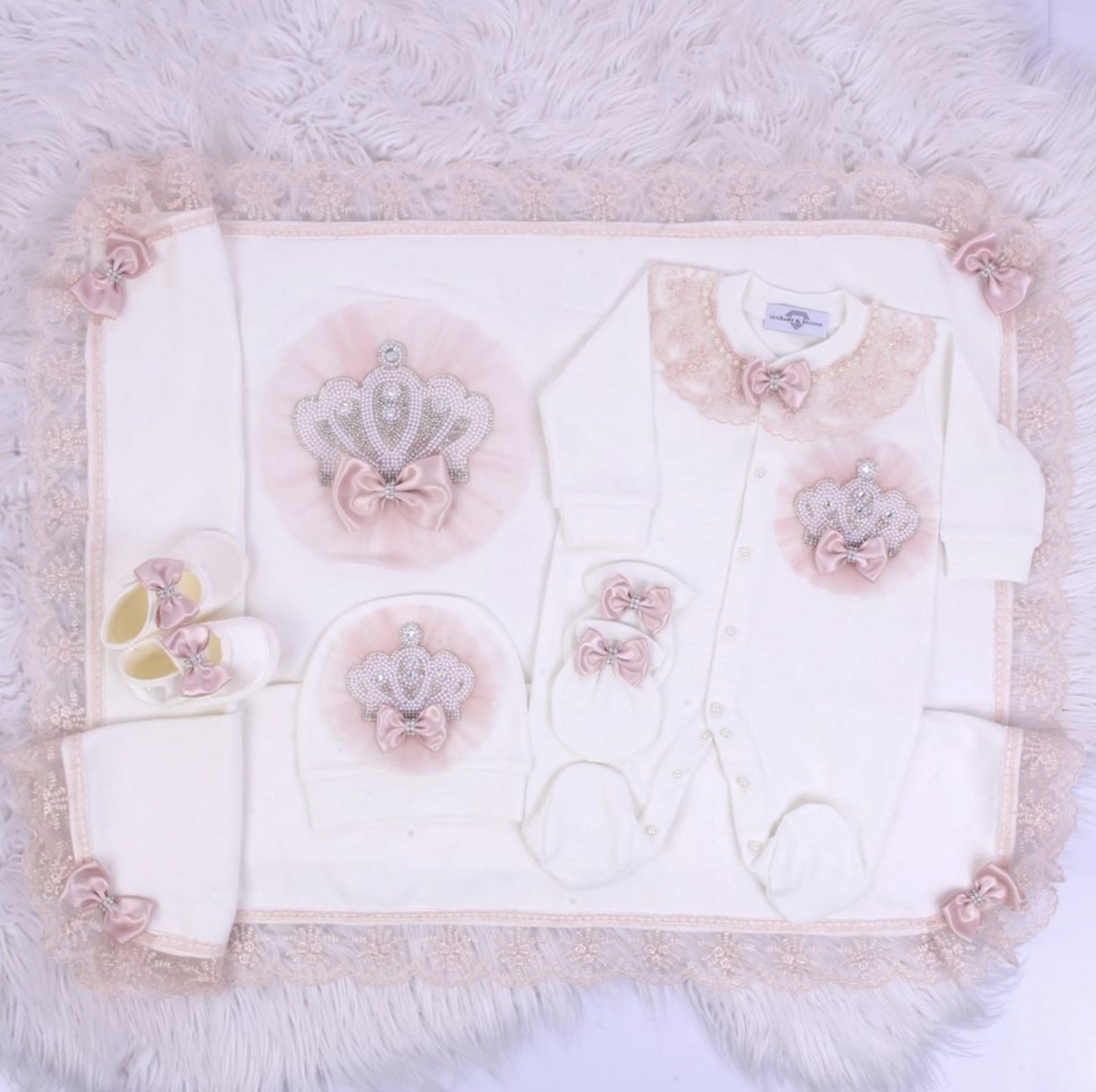 Handmade luxury newborn Home Welcoming 5-Piece set ( blush pink lace with pearl crown)