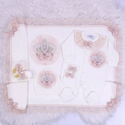 Handmade luxury newborn Home Welcoming 5-Piece set ( blush pink lace with pearl crown)