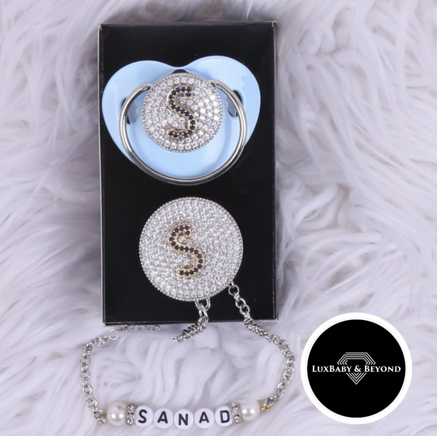 Handmade Personalised Rhinestone Baby Pacifier and Clip ( light Blue)