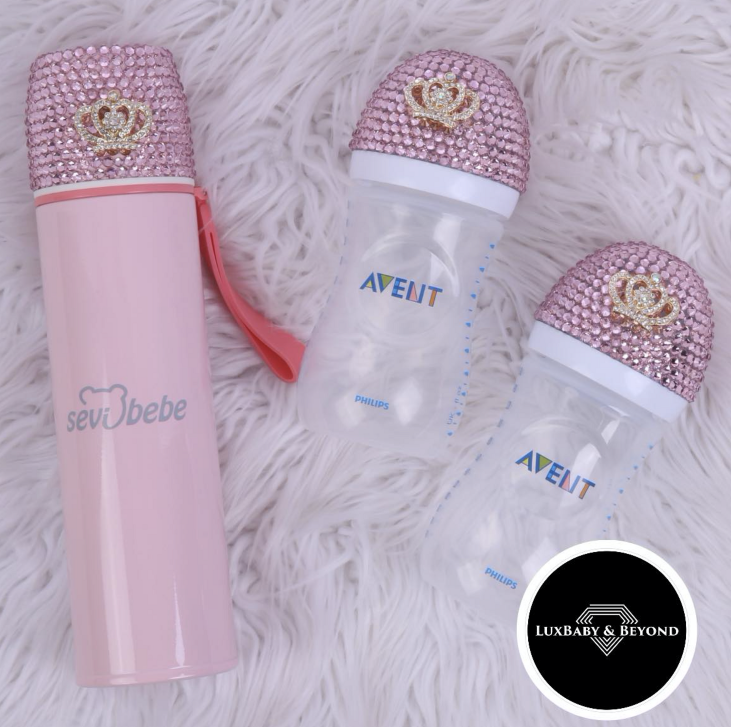 Handmade Rhinestone Thermos + 2 Avent bottle set