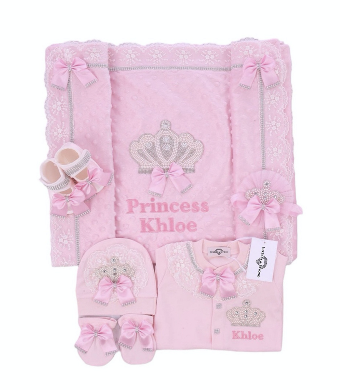 Handmade 𝗟𝘂𝘅𝘂𝗿𝘆 𝗡𝗲𝘄𝗯𝗼𝗿𝗻 Home Welcoming 5-Piece set ( Pink bow / white lace / Pearl Crown)
