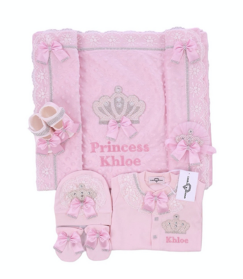 Handmade 𝗟𝘂𝘅𝘂𝗿𝘆 𝗡𝗲𝘄𝗯𝗼𝗿𝗻 Home Welcoming 5-Piece set ( Pink bow / white lace / Pearl Crown)