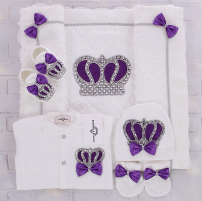 Handmade 𝗟𝘂𝘅𝘂𝗿𝘆 𝗡𝗲𝘄𝗯𝗼𝗿𝗻 Home Welcoming 5-Piece set ( Purple bow  Silver Crown)
