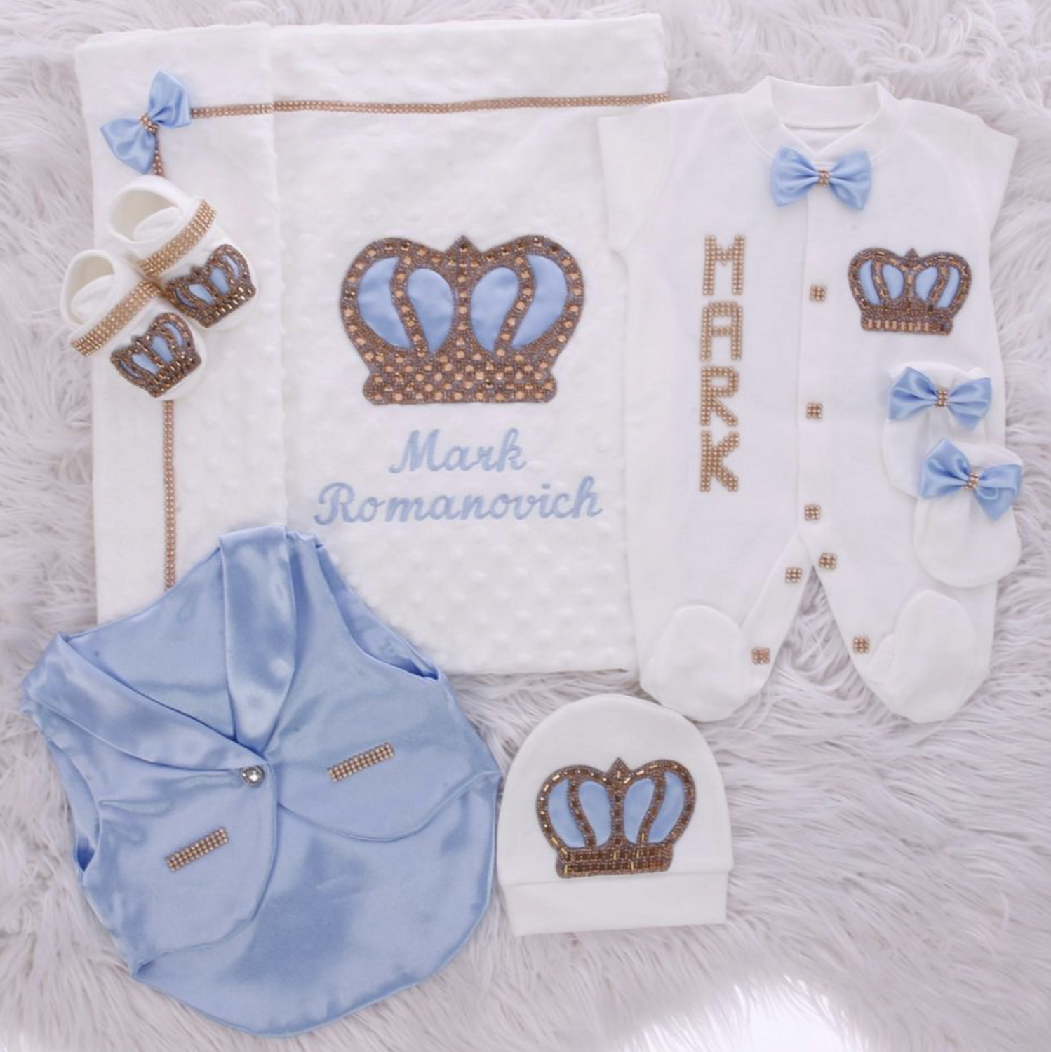Luxury 7-Piece Baby Boy Hospital Exit Outfit (Light Blue/ Golden Crown /Angel wings )