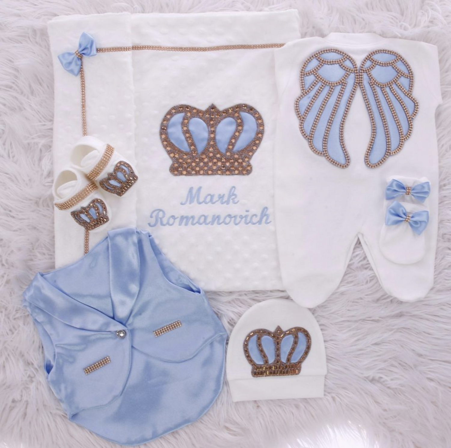 Luxury 7-Piece Baby Boy Hospital Exit Outfit (Light Blue/ Golden Crown /Angel wings )