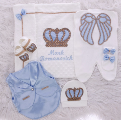 Luxury 7-Piece Baby Boy Hospital Exit Outfit (Light Blue/ Golden Crown /Angel wings )