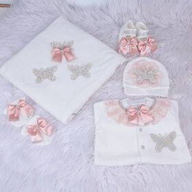 Handmade 𝗟𝘂𝘅𝘂𝗿𝘆 𝗡𝗲𝘄𝗯𝗼𝗿𝗻 Home Welcoming 5-Piece set ( Blush Lace  / Butterfly)