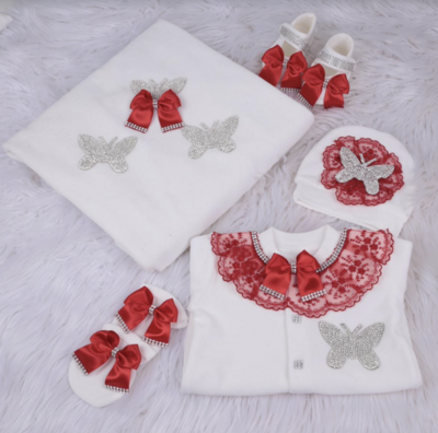 Handmade 𝗟𝘂𝘅𝘂𝗿𝘆 𝗡𝗲𝘄𝗯𝗼𝗿𝗻 Home Welcoming 5-Piece set ( Red Lace  /silver butterfly)