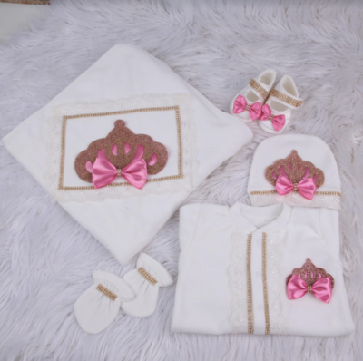 Handmade 𝗟𝘂𝘅𝘂𝗿𝘆 𝗡𝗲𝘄𝗯𝗼𝗿𝗻 Home Welcoming 5-Piece set ( white Lace  /golden crown/hot pink bow )