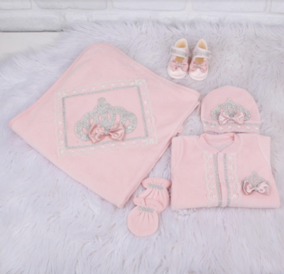 Handmade 𝗟𝘂𝘅𝘂𝗿𝘆 𝗡𝗲𝘄𝗯𝗼𝗿𝗻 Home Welcoming 5-Piece set ( white Lace  /silver  crown/blush bow )
