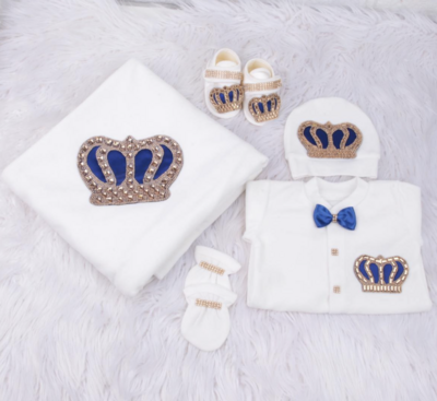 Handmade 𝗟𝘂𝘅𝘂𝗿𝘆 𝗡𝗲𝘄𝗯𝗼𝗿𝗻 Home Welcoming 5-Piece set ( Golden  crown/ Royal Blue bow )